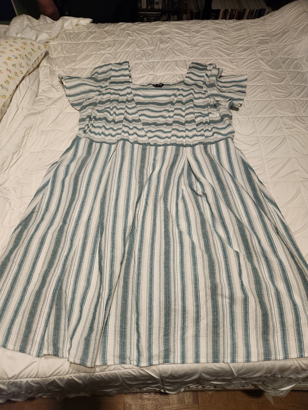BloomChic Teal-Striped Midi Dress with Flutter Sleeves